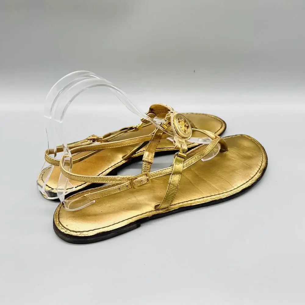 Tory Burch Sandals Womens 9 Gold Leather Thong Ankle Strap Logo Medallion Shoes